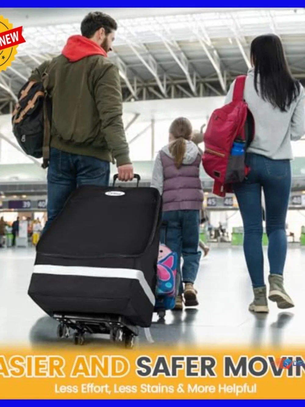 Folding Car Seat Travel Bag & Cart with 4 Wheels, Padded Gate Check Bag